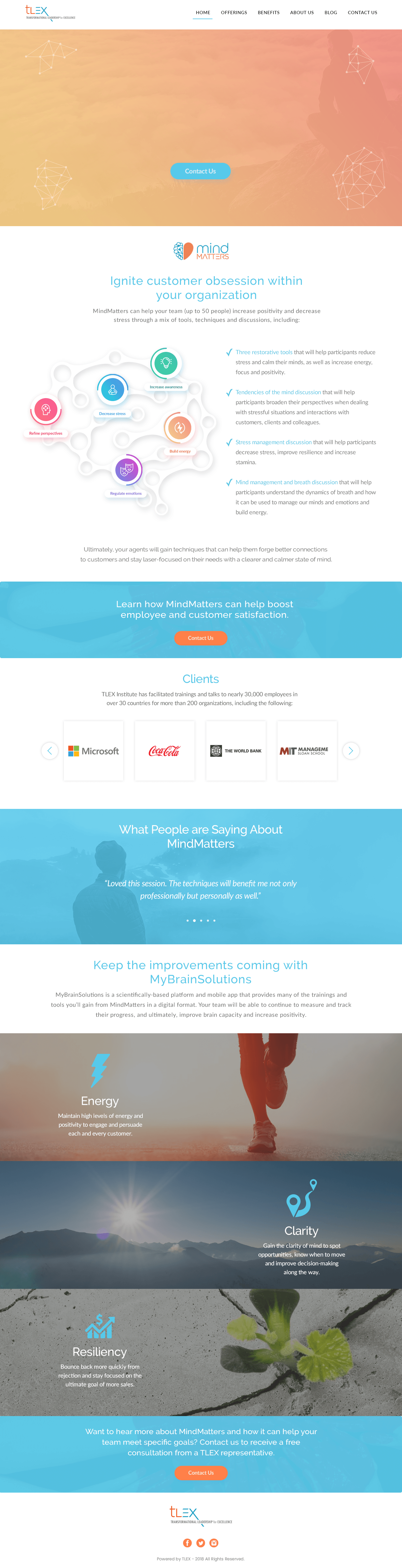 The Mind Matters landing page, from the header down through the programme diagram, the client logos and the closing signup