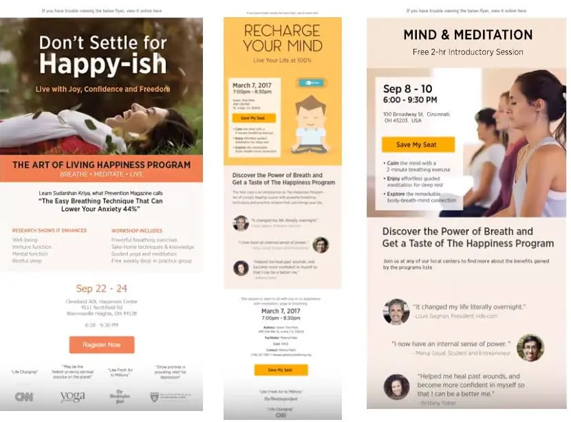 Three Art of Living event flyers: Don&rsquo;t Settle for Happy-ish, Recharge Your Mind, and Mind & Meditation