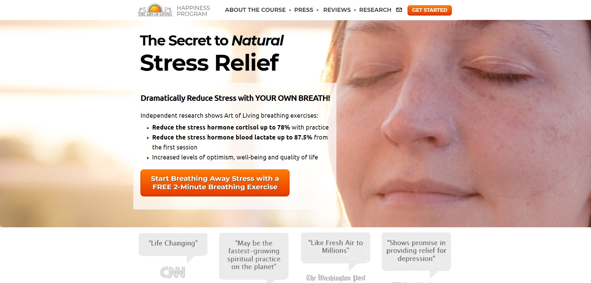 The Secret to Natural Stress Relief landing page: research claims about breathing exercises, an orange call to action and a row of press quotes