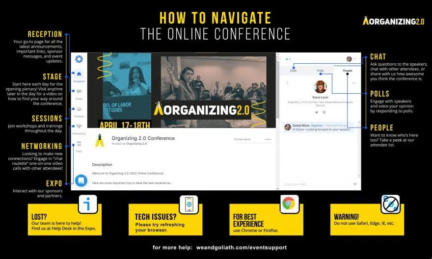 The How to Navigate guide for the online conference, labelling the reception, stage, sessions, networking and expo areas