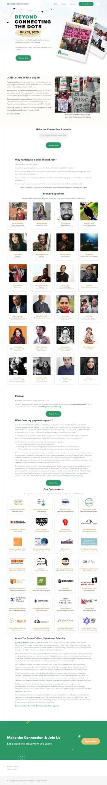The Beyond Connecting the Dots summit homepage: the date, a register button, why to attend, and the featured speakers