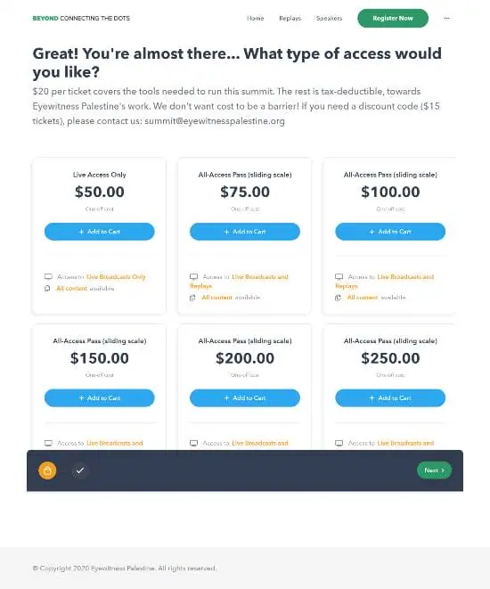 The ticket page offering six sliding-scale passes from $50 to $250, with a note that no one is turned away for cost