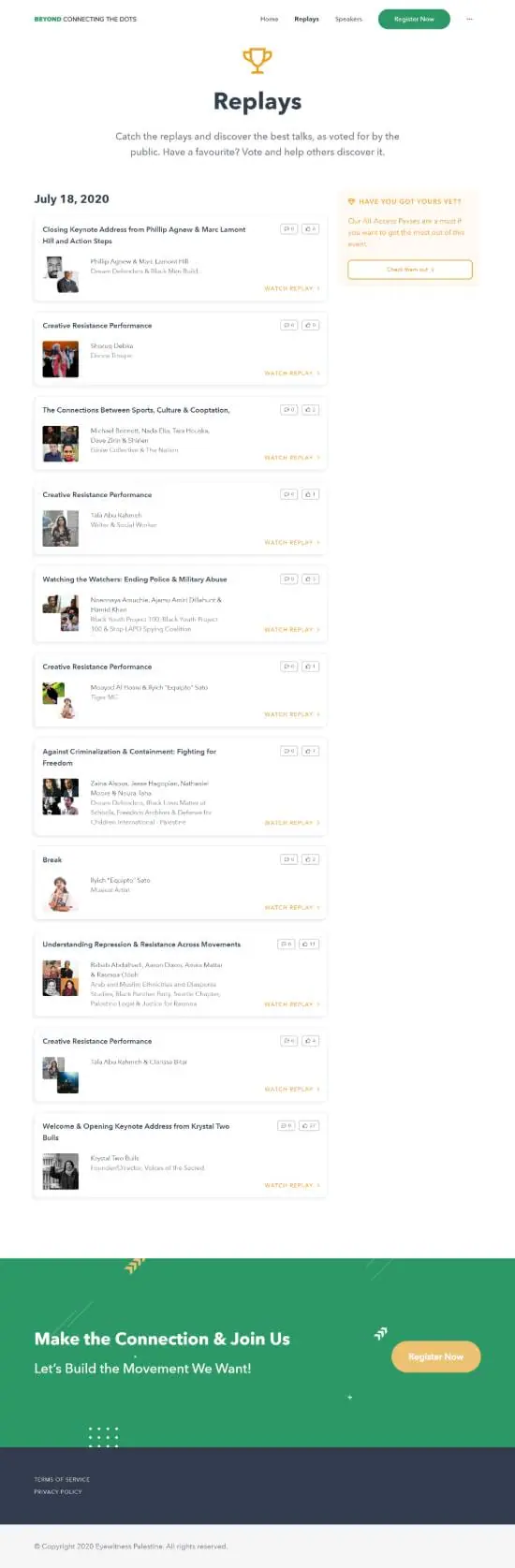 The replays page listing each session with its speakers and a watch link