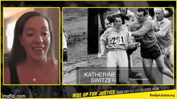 Animated clip from a Rise Up For Justice webinar: a panelist speaks beside archival sports images of Katherine Switzer running the 1967 Boston Marathon and LeBron James wearing an I Can't Breathe shirt in 2014