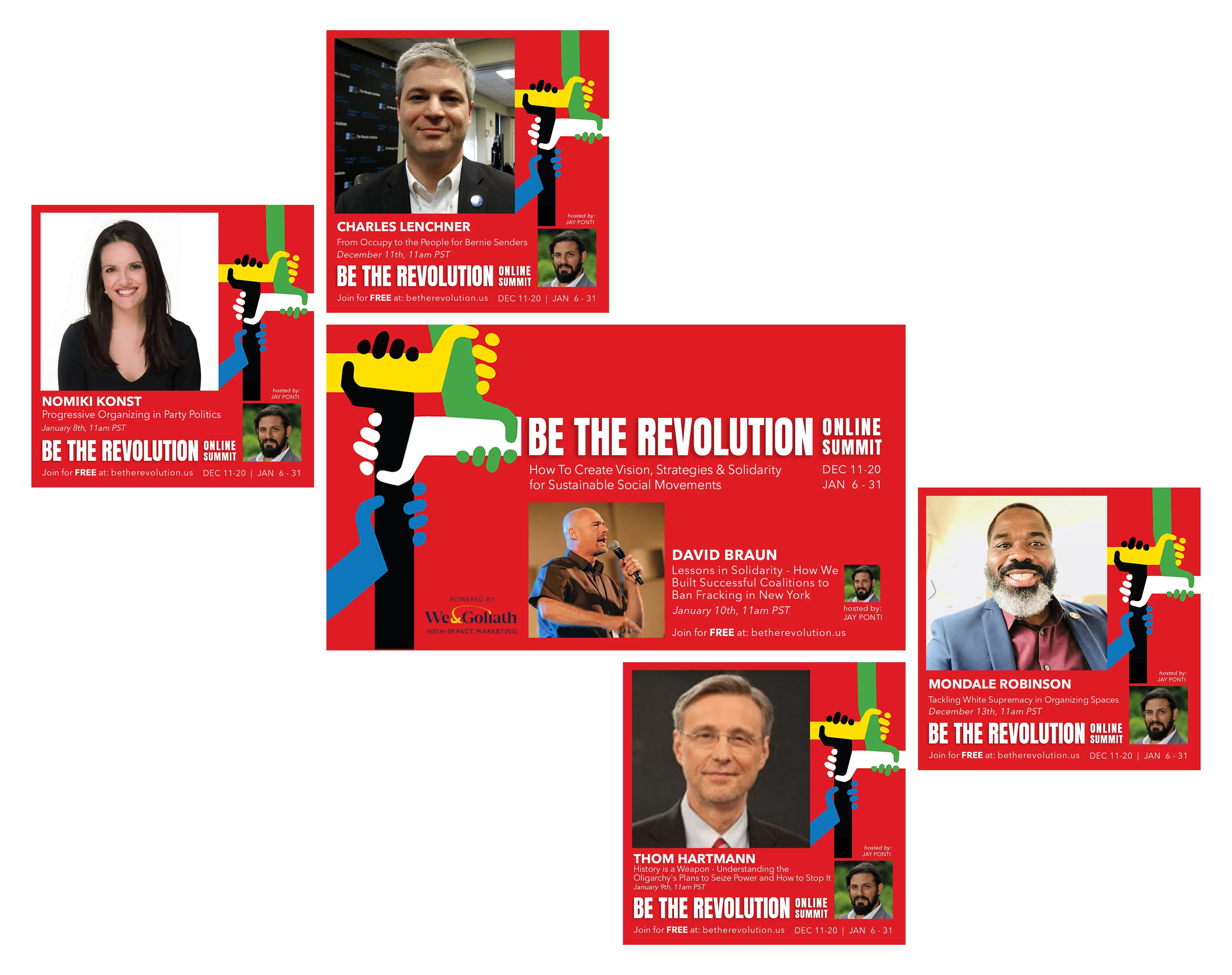 Six summit session graphics in the Be the Revolution red and yellow branding, each with its speaker