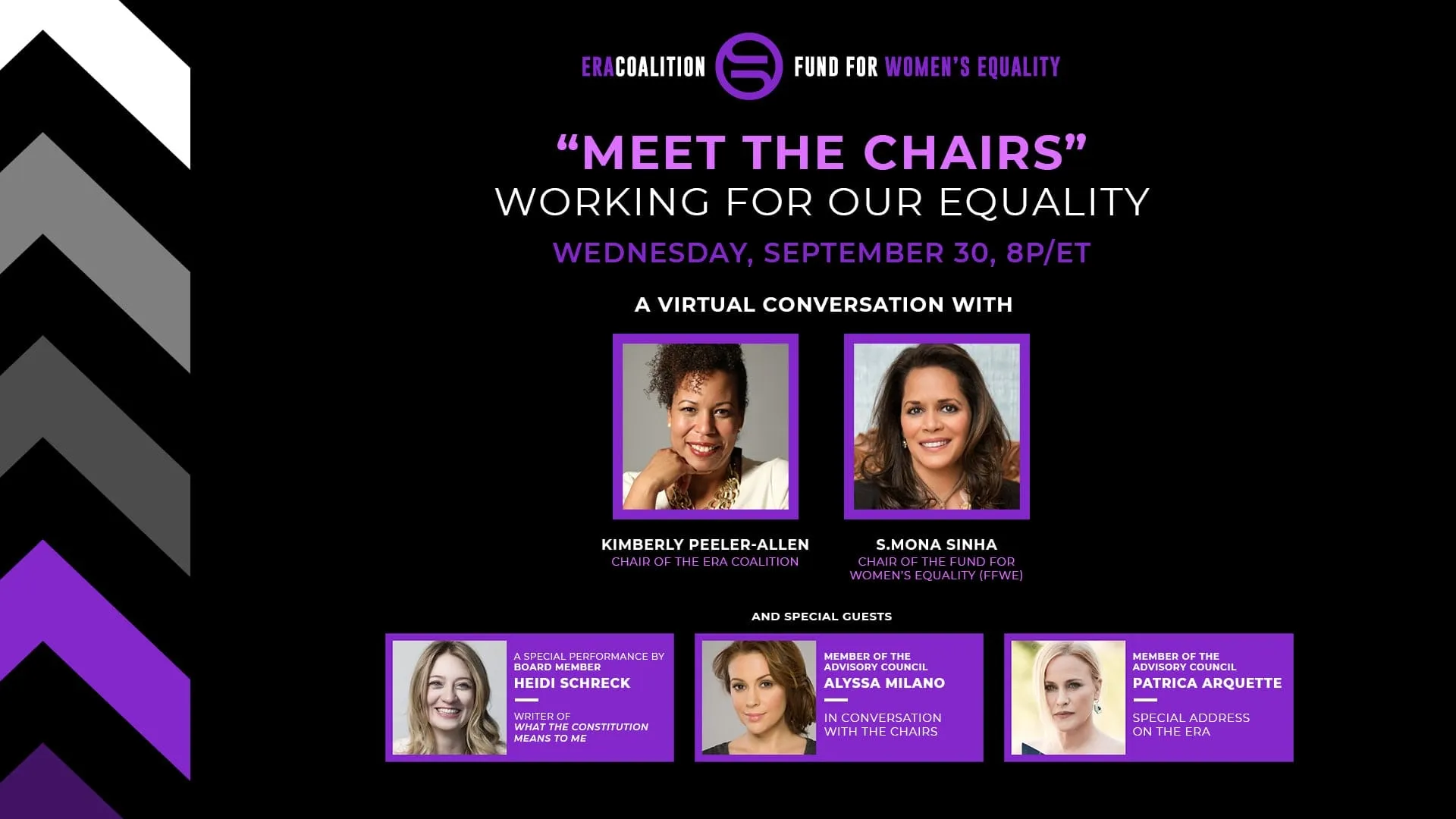 ERA Coalition and Fund for Women’s Equality title card for the “Meet the Chairs” virtual conversation,