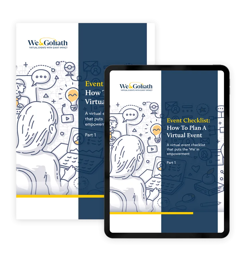 We & Goliath virtual event checklist guide shown on a desktop and a tablet