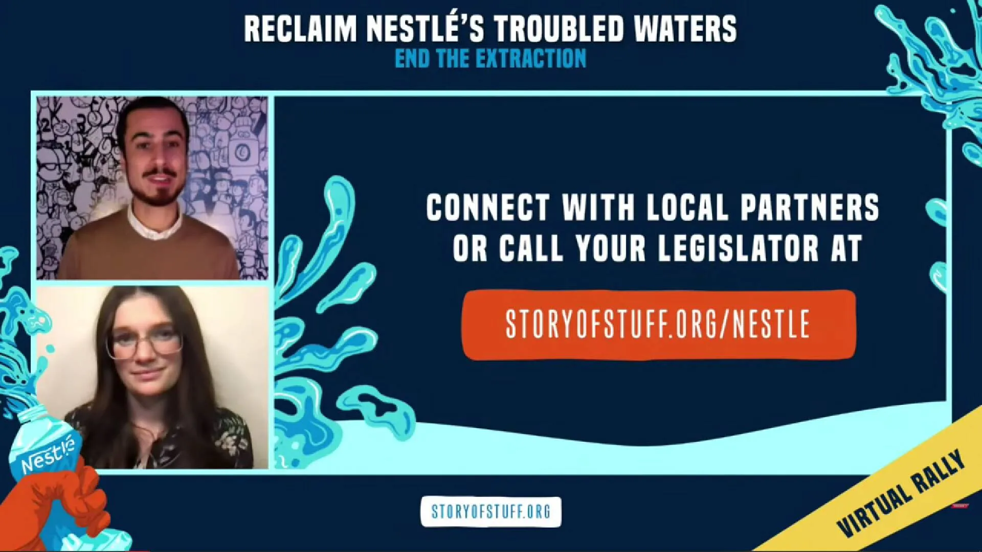 Reclaim Nestle's Troubled Waters virtual rally slide with a call to contact local partners