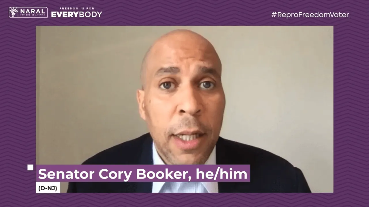NARAL Pro-Choice America virtual event with Senator Cory Booker speaking to camera under a #ReproFreedomVoter banner