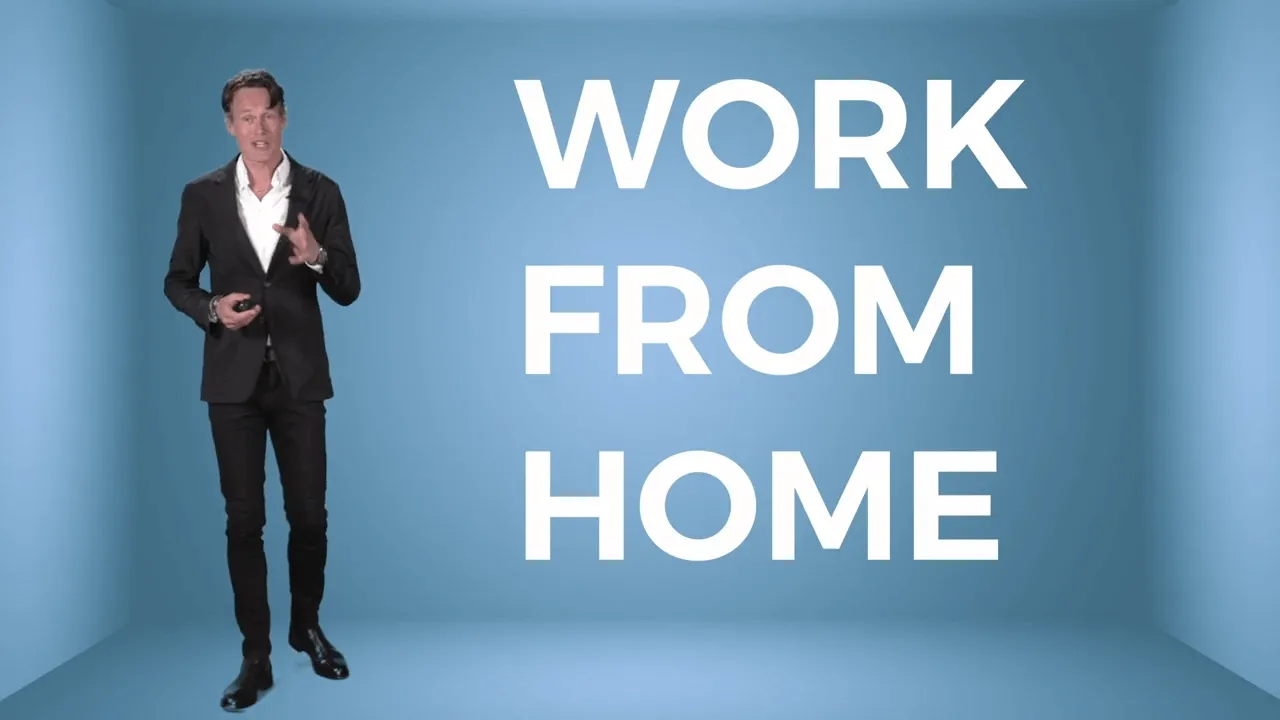 Presenter on a virtual stage beside a large WORK FROM HOME title slide