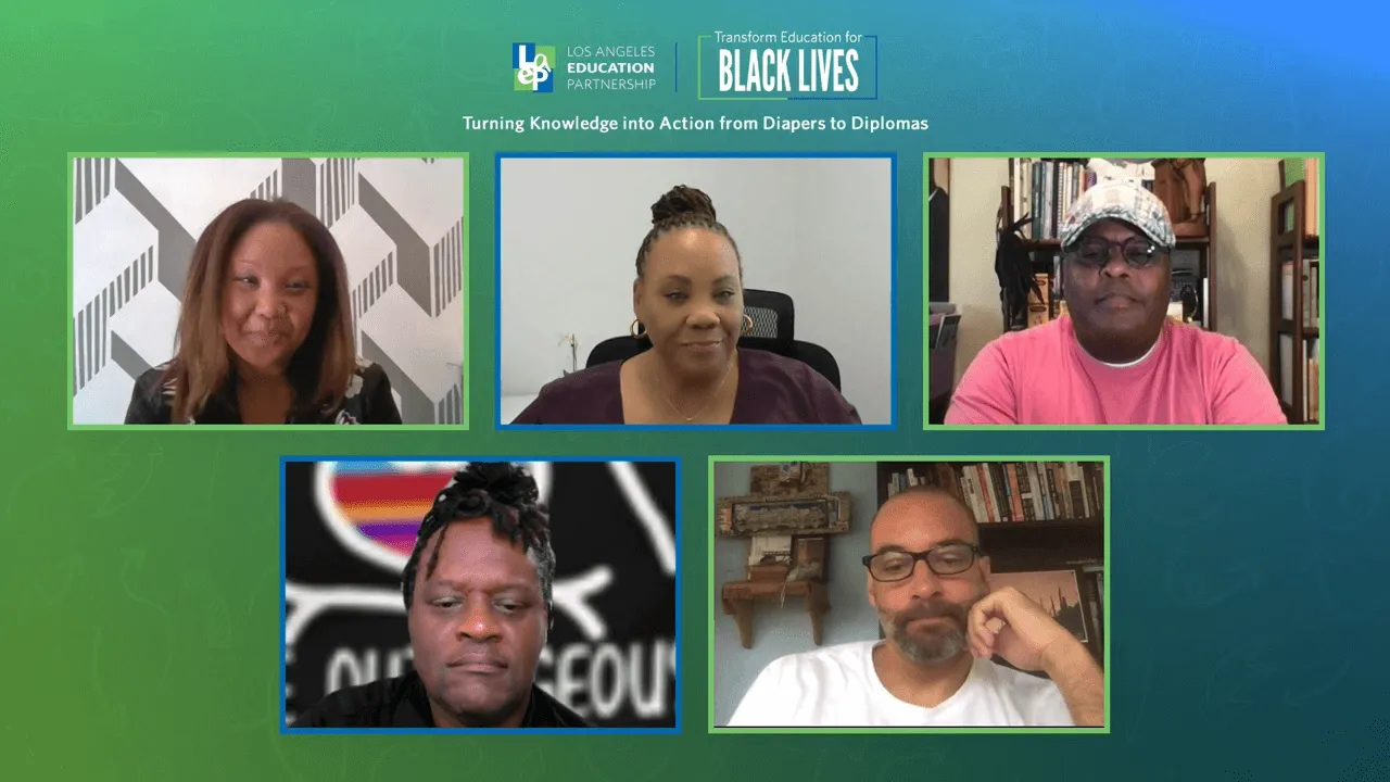 Five-panellist virtual panel grid for a Black Lives session on turning knowledge into action