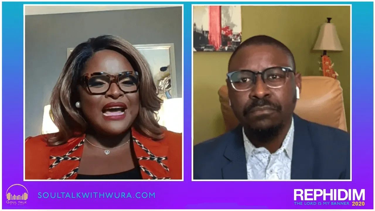 Two-person virtual interview split screen for Soul Talk with Wura on Rephidim TV