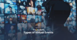 Top 6 Types of Virtual Events to Host in 2024 Person with headphones facing a wall of screens displaying various contents, with text "virtual event types" overlaying the image.