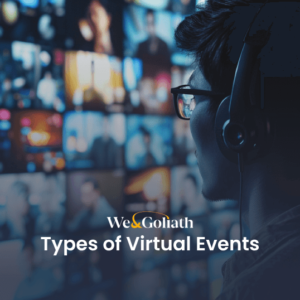 Person with headphones facing a wall of screens displaying various contents, with text "virtual event types" overlaying the image.
