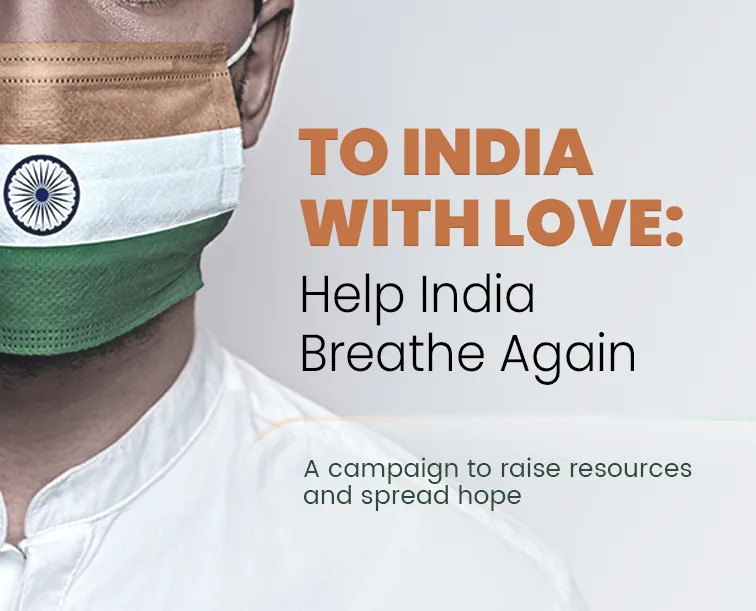 The campaign banner: a man in an Indian-flag face mask beside the line Help India Breathe Again
