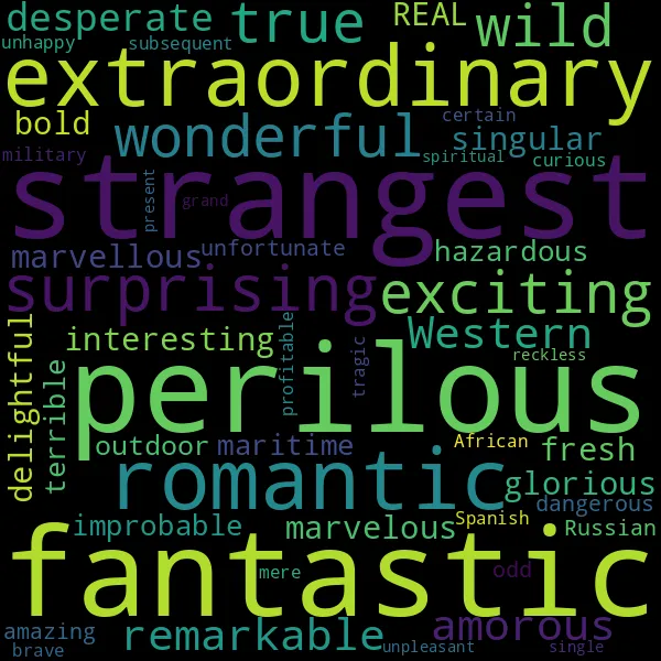 Word cloud of adventure adjectives including extraordinary, perilous and fantastic