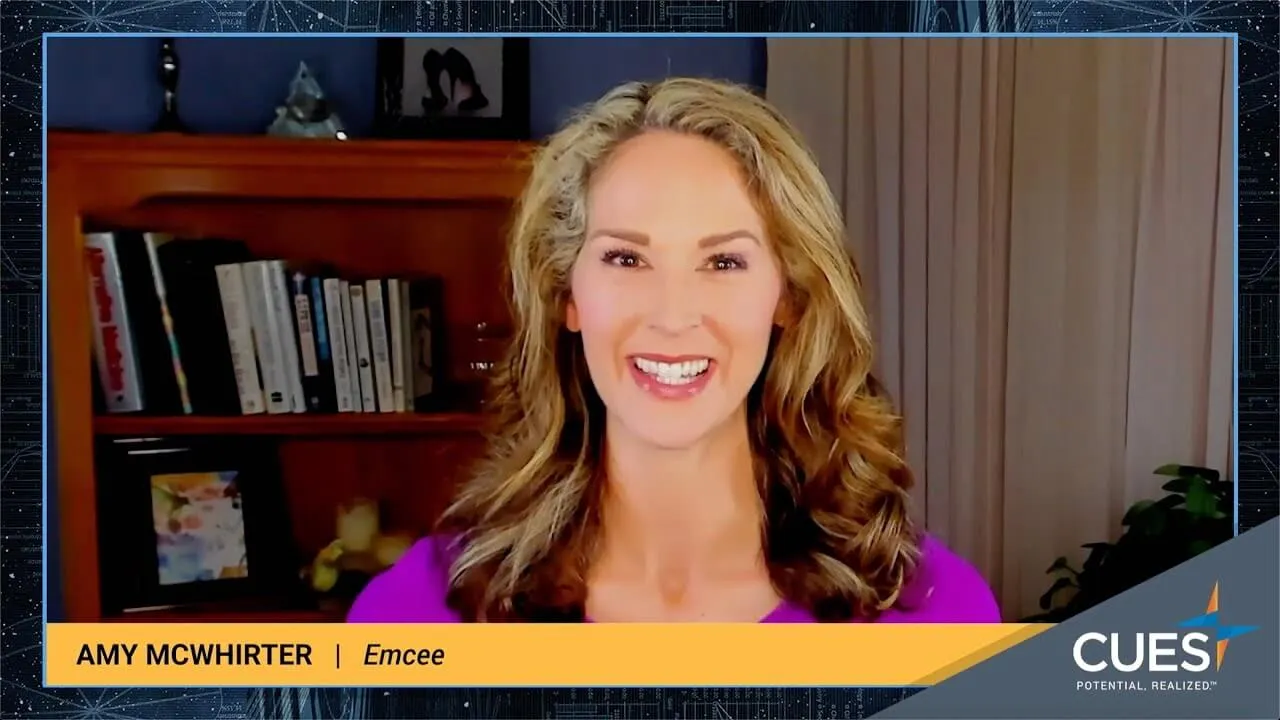 Amy McWhirter hosting a CUES virtual broadcast