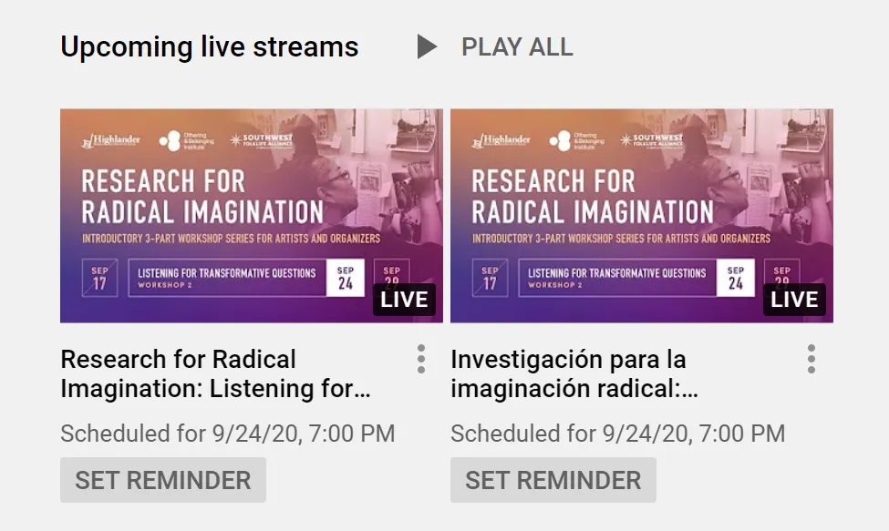 Two upcoming YouTube live streams of the same session in English and Spanish