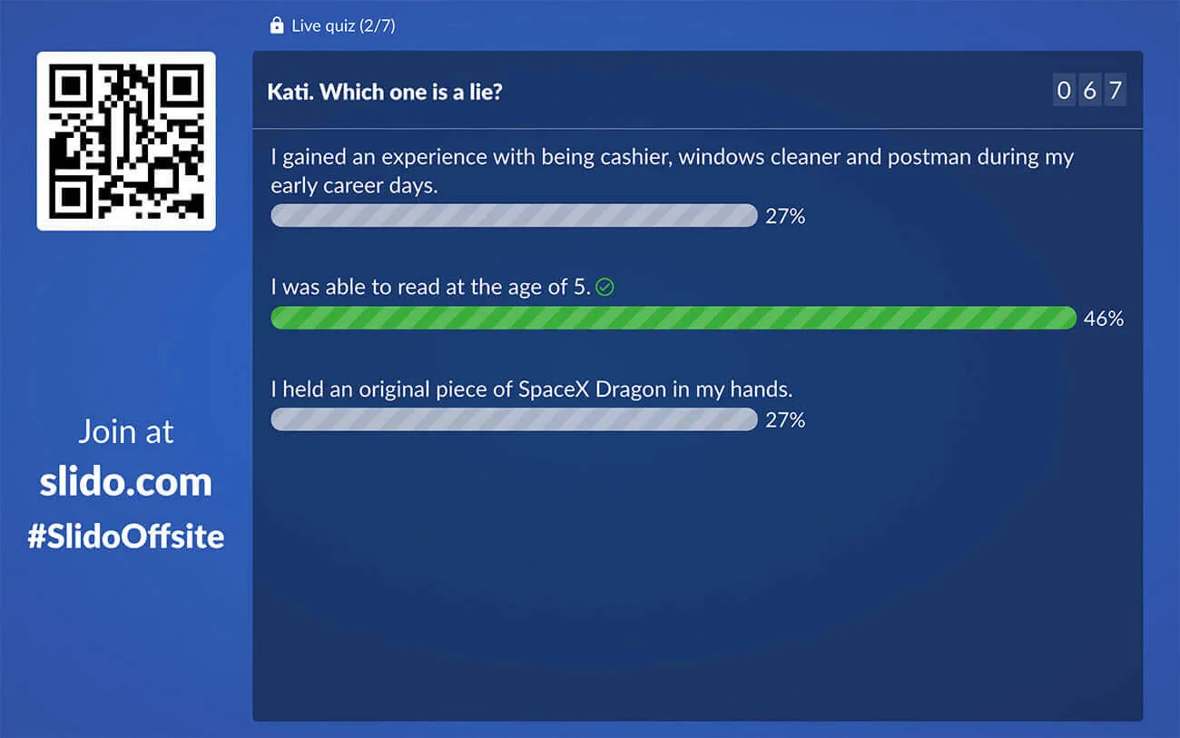 Slido live poll asking which statement is a lie, with a QR join code