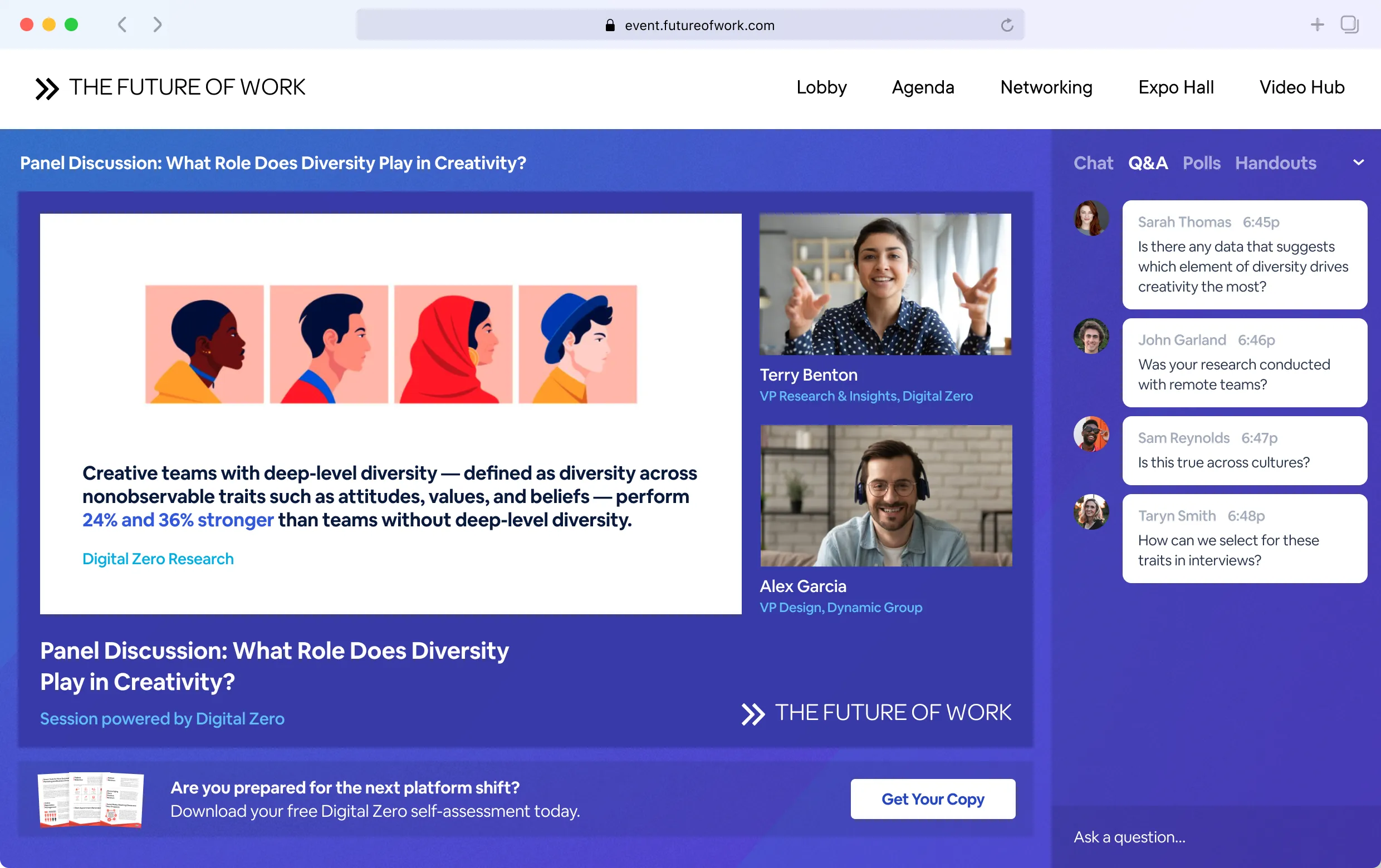 BigMarker virtual event platform showing a panel discussion with live Q and A