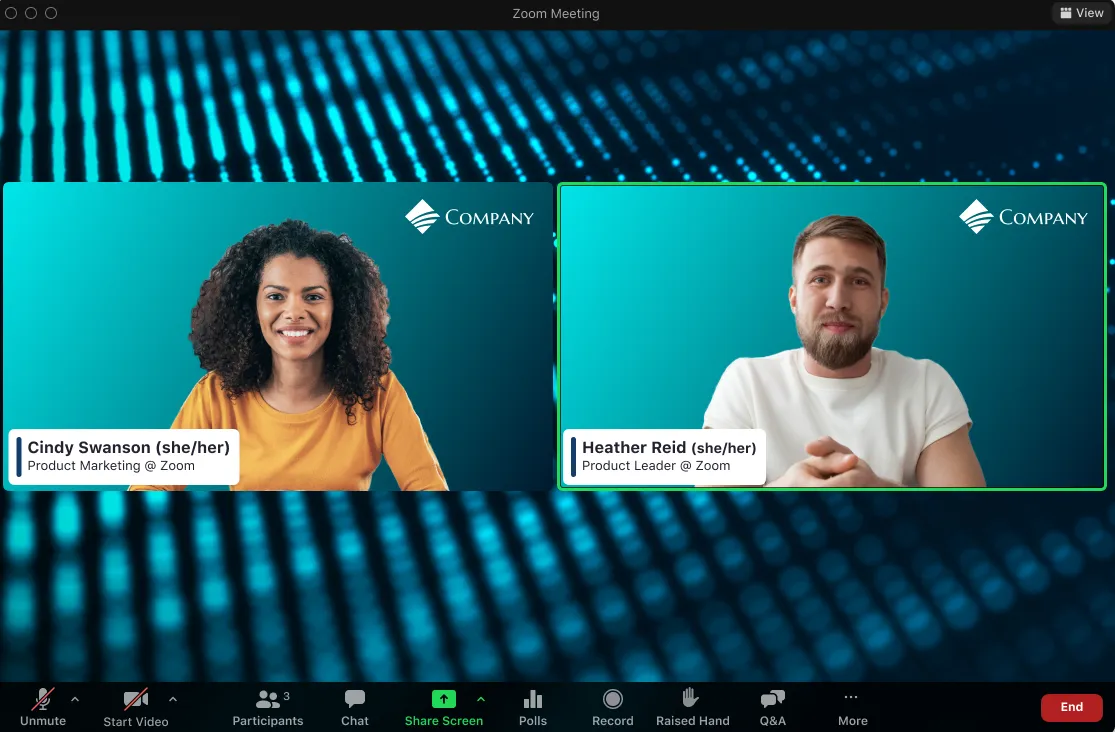 Zoom webinar showing two branded speaker video tiles