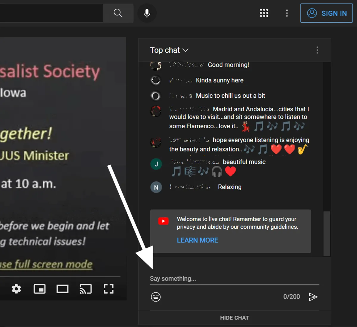 YouTube live chat with an arrow pointing to the message box