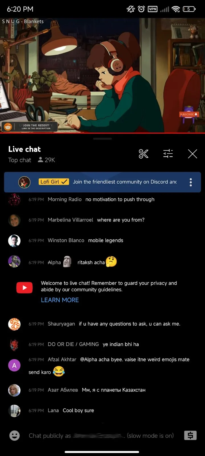 YouTube live stream with the live chat panel open