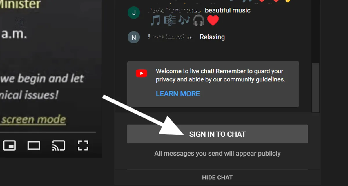 YouTube live chat with an arrow pointing to the sign in to chat button