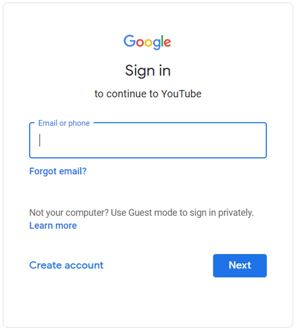 Google sign-in screen for continuing to YouTube