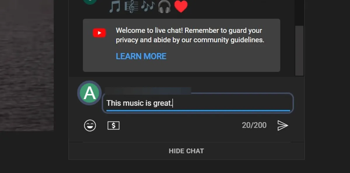 YouTube live chat box with a message typed in