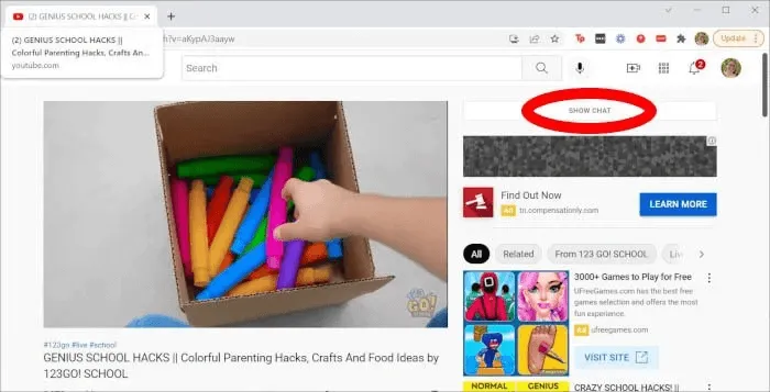 YouTube video page with the live chat control circled
