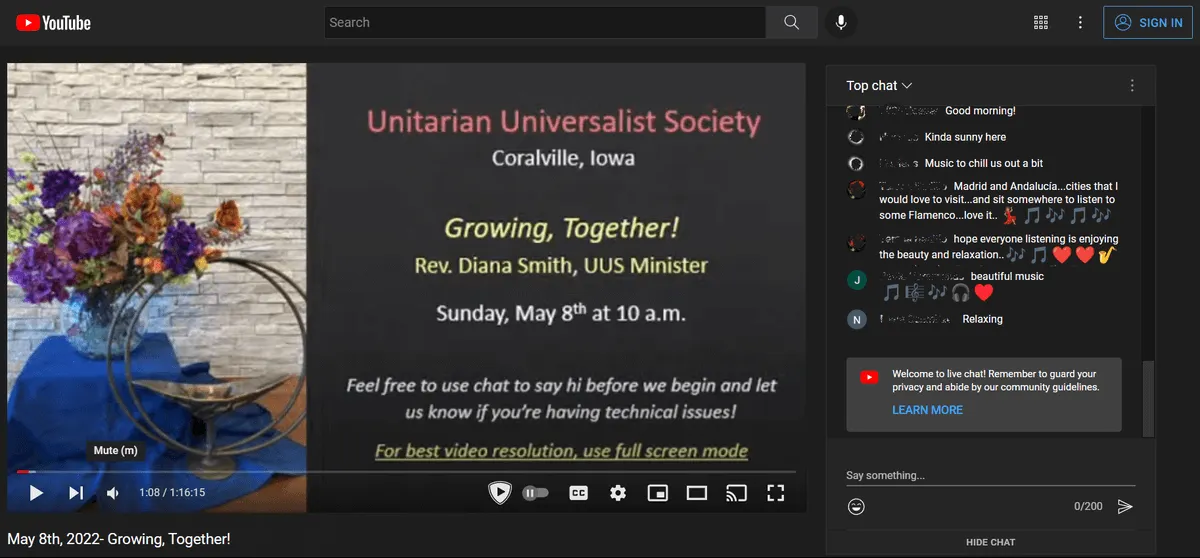 YouTube live stream of a Unitarian Universalist Society service