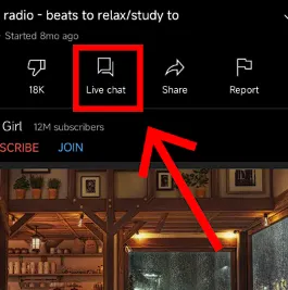 YouTube live chat icon highlighted in the video action row
