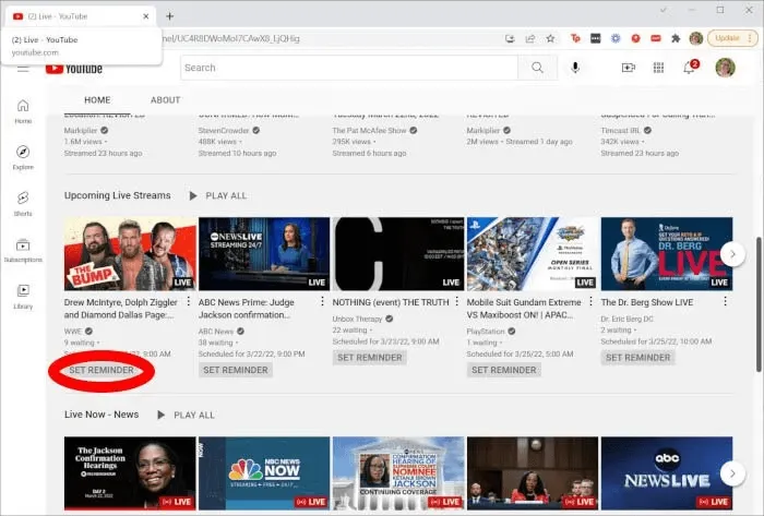 YouTube channel page with the live streams tab circled