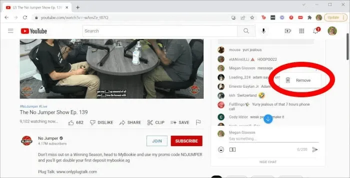 YouTube video page with a menu option circled