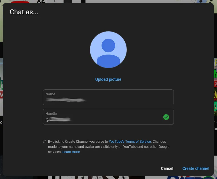 YouTube create a channel dialog with name and handle fields