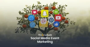9 Essential Content Creation Tips for Social Media Event Marketing We and Goliath cover for social media event marketing, showing a tree of social media icons