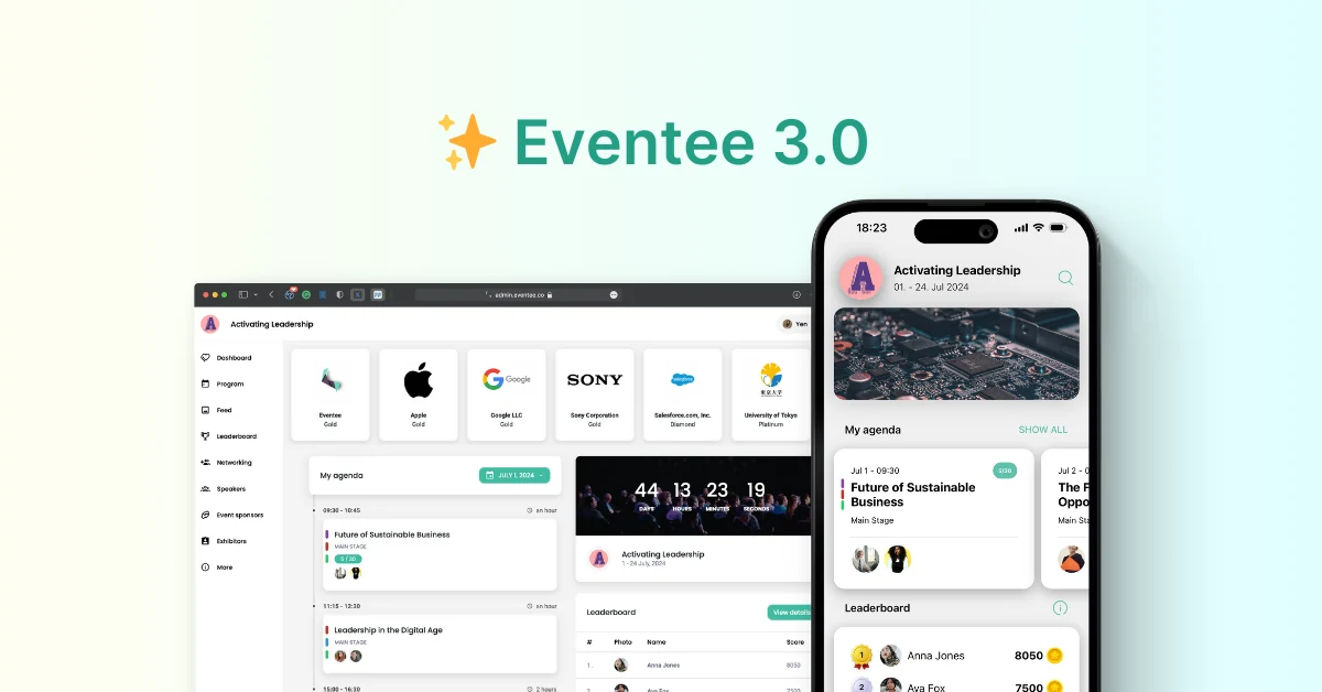 Eventee 3.0 event app on a desktop dashboard and a phone