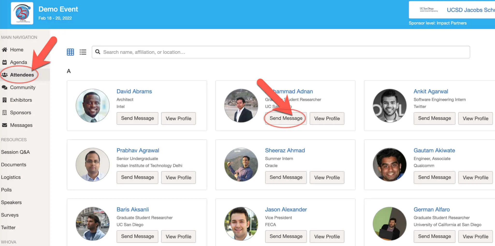 Event app attendee list with direct message buttons highlighted