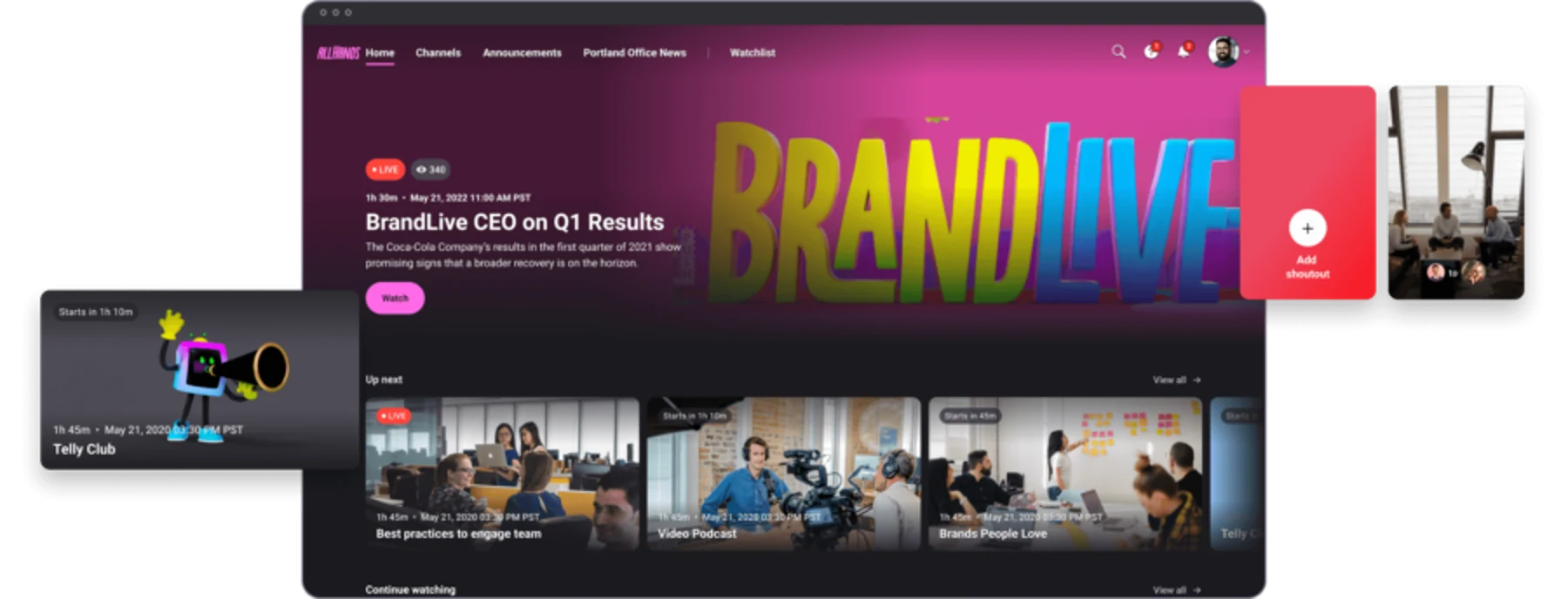 Brandlive virtual event platform shown on a laptop, tablet and phone