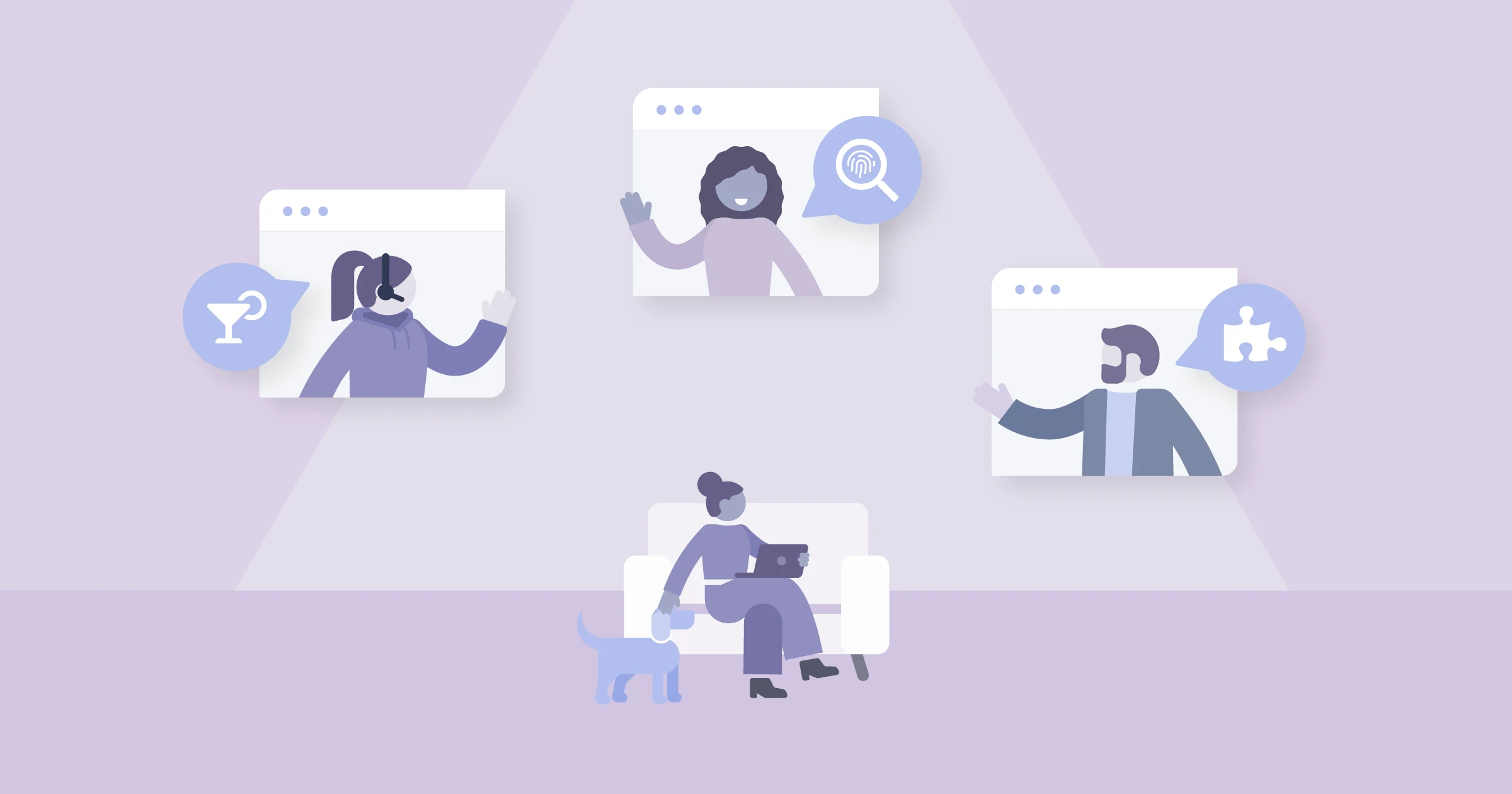 Illustration of colleagues on video call tiles playing team building games