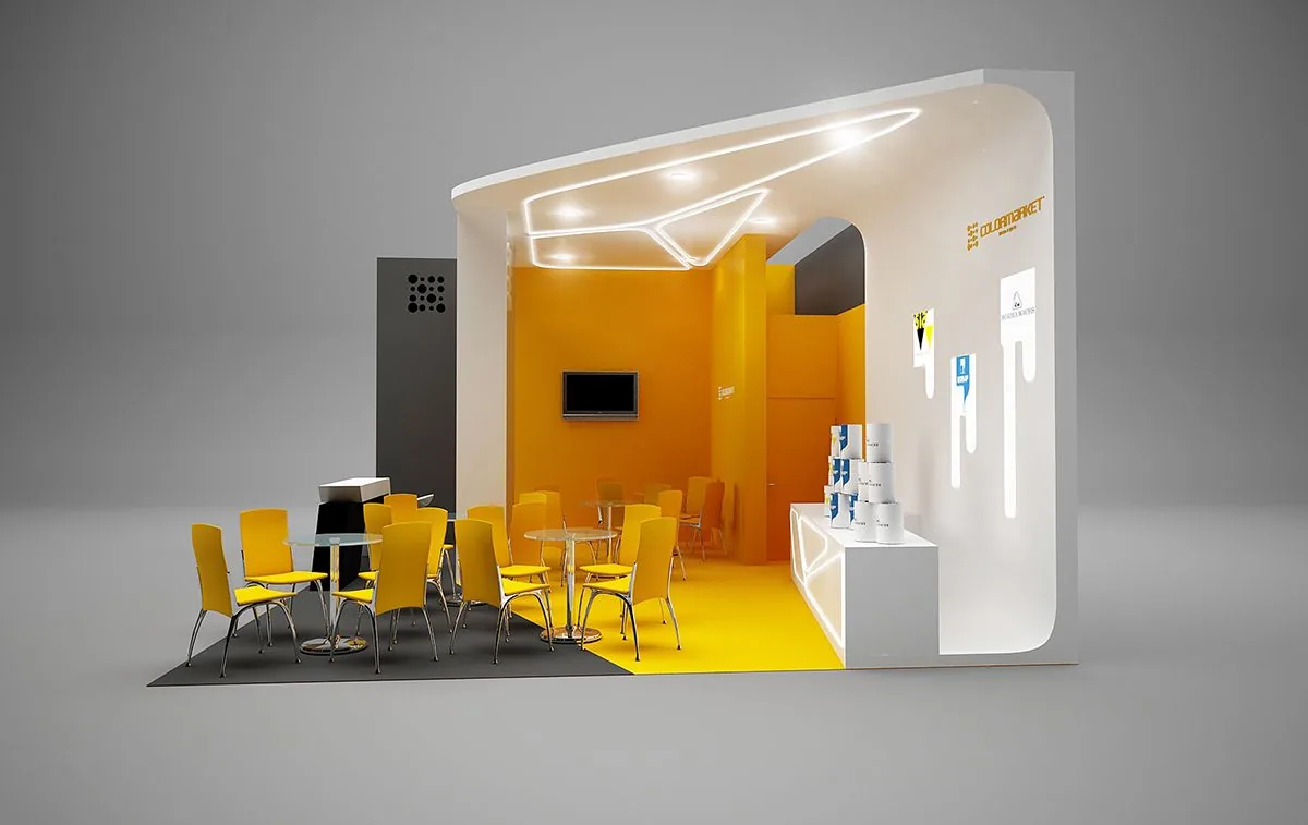 3D render of a yellow and white exhibition booth with seating and display screens