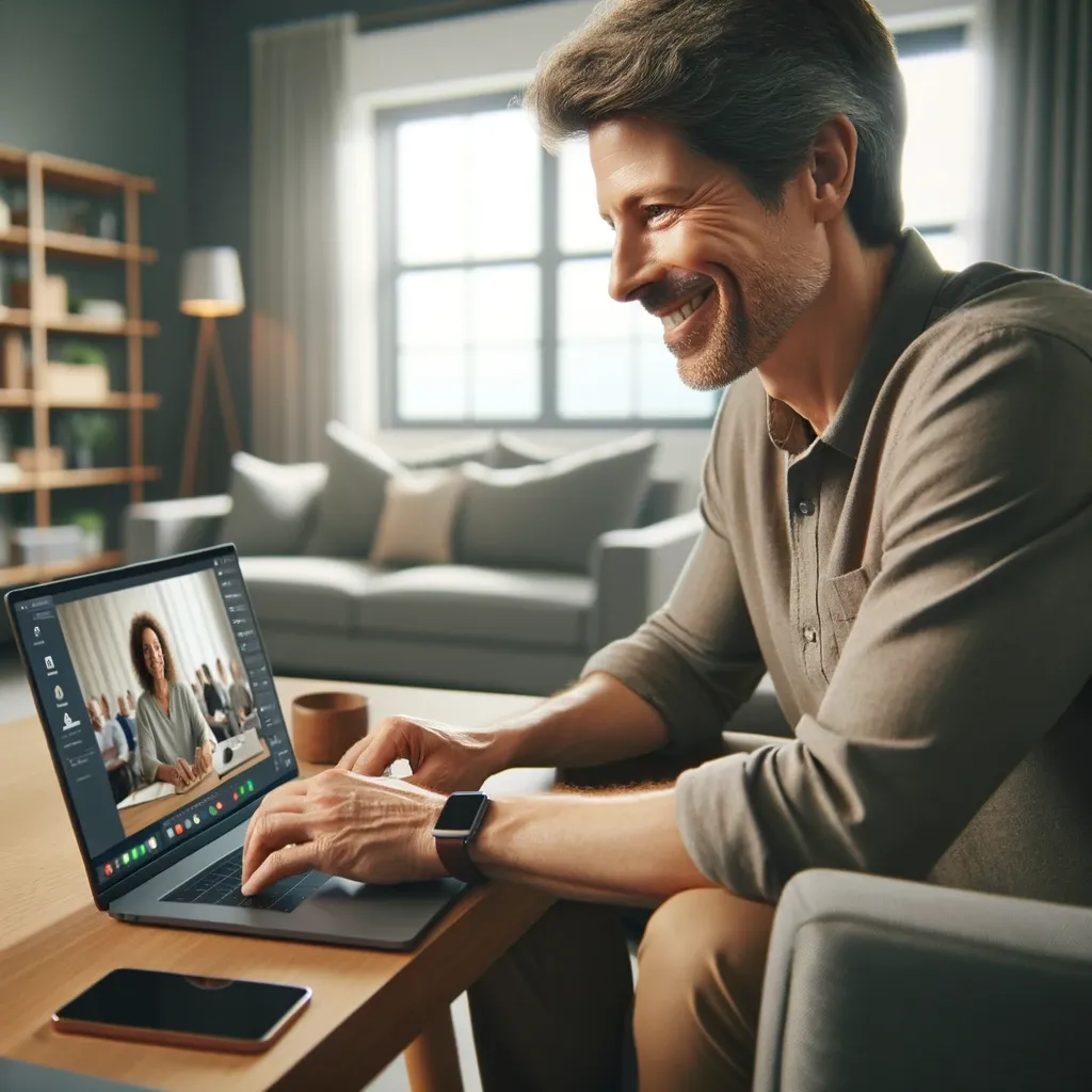 A man is using a laptop to make a video call, demonstrating how hybrid meetings work.