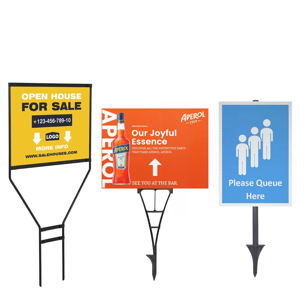 Three outdoor A-frame event sign holders with directional and queue signage