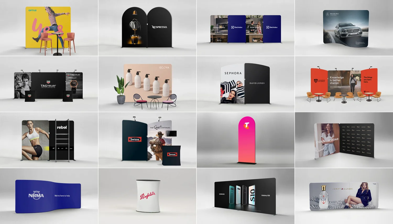 Grid of pop-up trade show display stands and banner designs