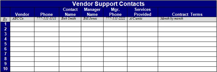 Vendor support contacts spreadsheet template