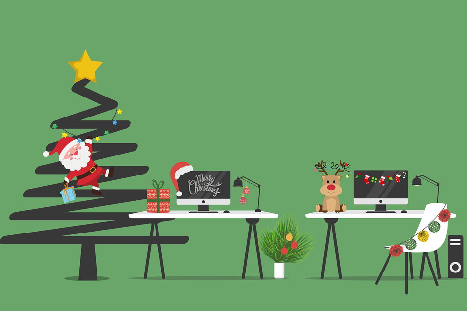 Illustration of colleagues at desks around a Christmas tree for a virtual holiday party