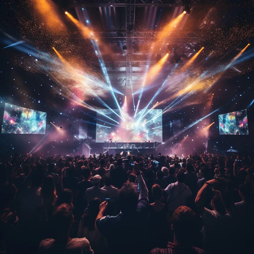 A crowd of people at a concert with bright lights.