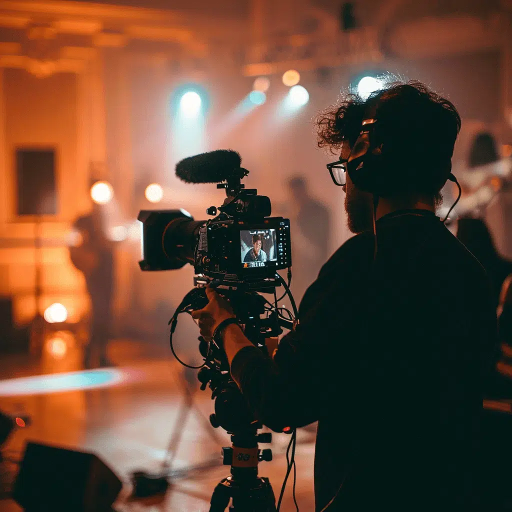 Videographer operating a cinema camera in a lit venue