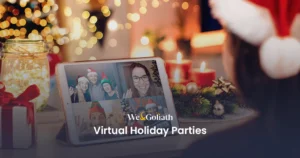 16 Fun Virtual Holiday Party Ideas That Work A woman is holding a tablet with the words virtual holiday parties.